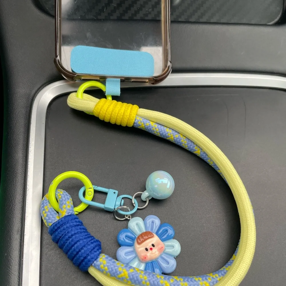 Phone Wrist Lanyard Cute Flower Charm Rope Necklace in Pastel Blue and Yellow